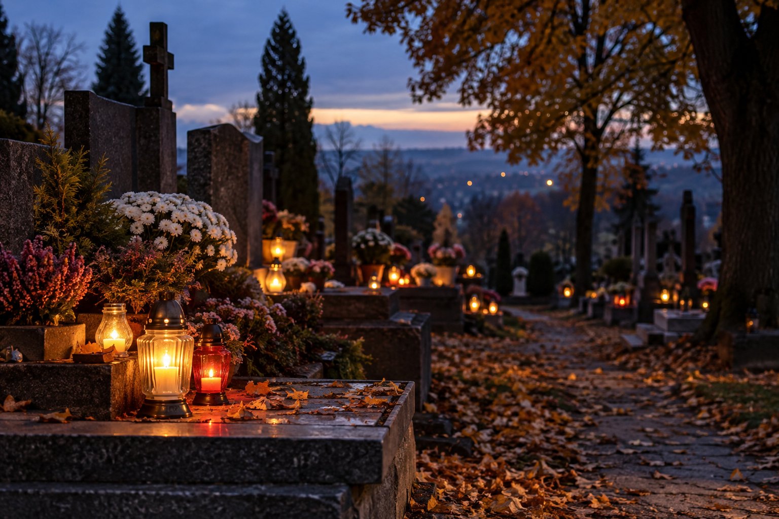 Candles and flowers on graves on a quiet November evening