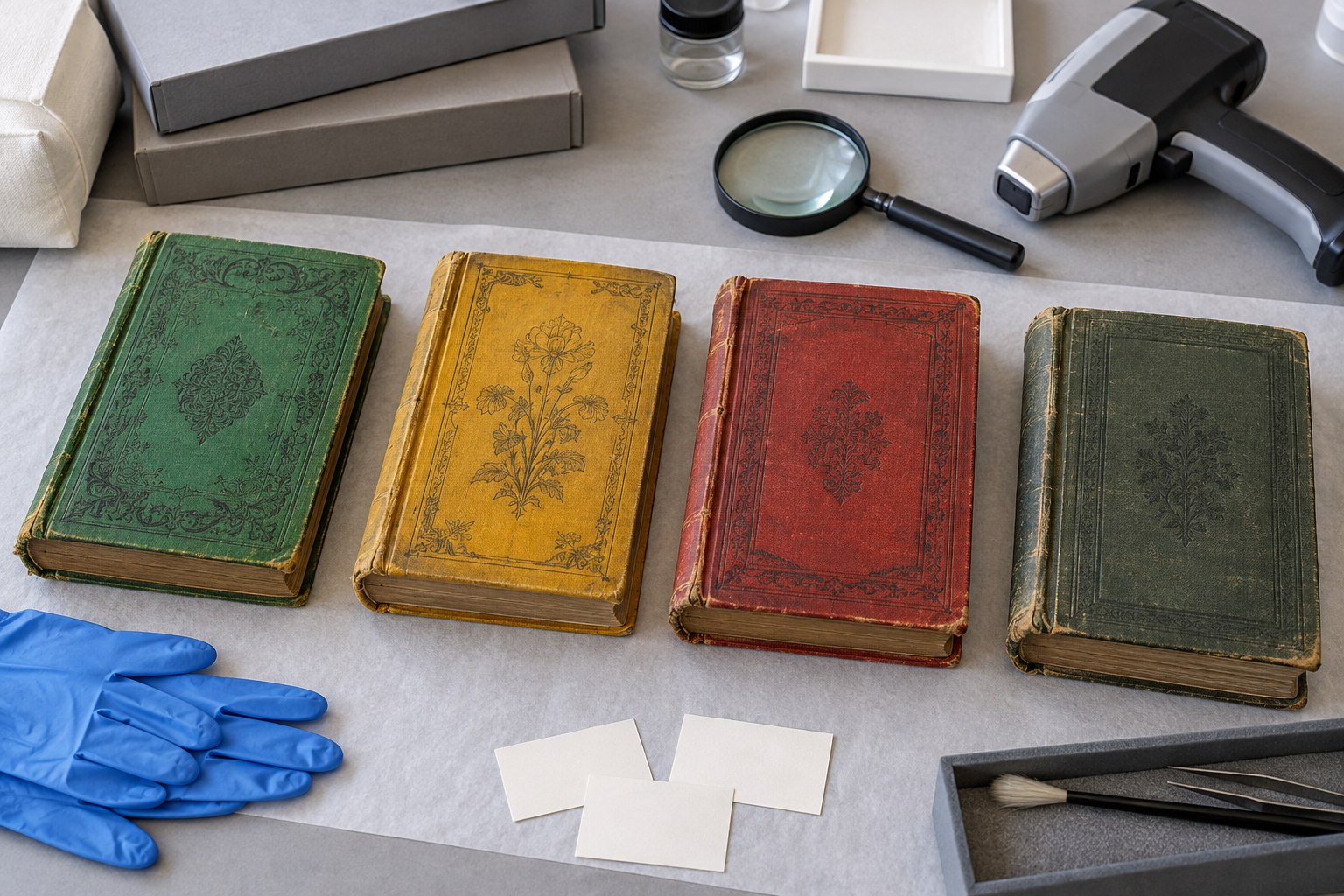 Старі книги із зеленими, жовтими та червоними тканинними палітурками на столі реставратора