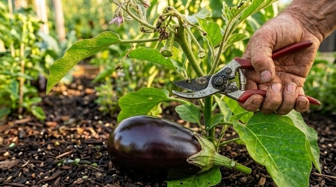 Збір врожаю: зрізання баклажана секатором