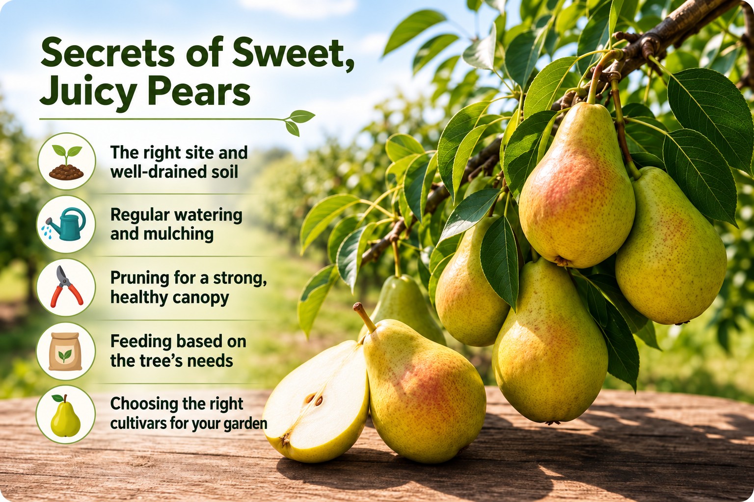 Infographic showing five essentials for growing sweet and juicy pears