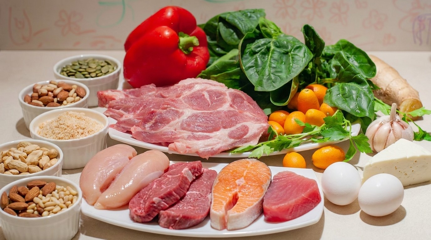 Різноманітні продукти, багаті на аргінін: горіхи, насіння, м'ясо та бобові