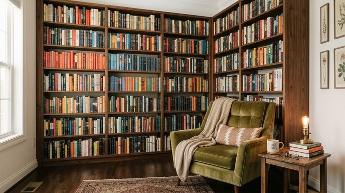 Велика книжкова шафа, вщент заповнена книгами біля стіни кімнати