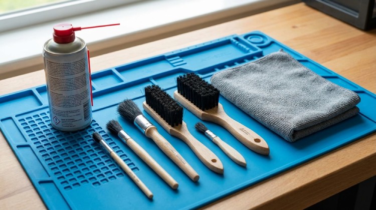 A can of compressed air, brushes, and microfiber for PC cleaning